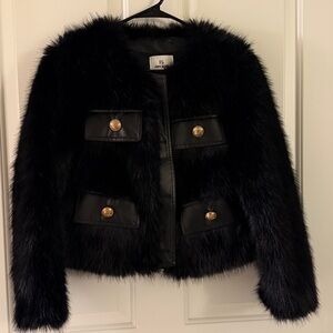 Black Vegan Fur Jacket with Gold Button Accents